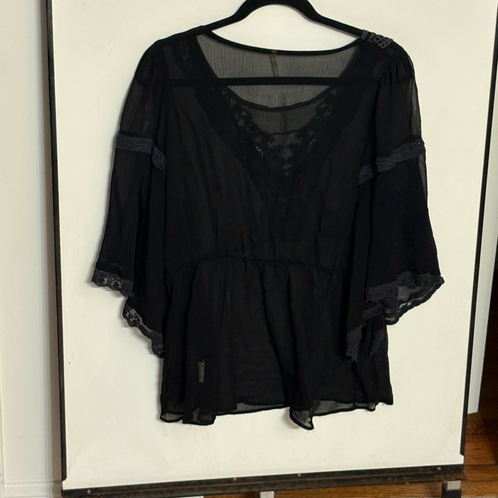 Free People Black Grey Lace Trim Bohemian Women's Blouse Size L - Picture 6 of 6
